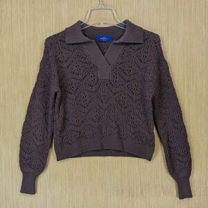 Weekend Sweater Womens Medium Open Knit Collared Brown Retro Eclectic Grandpa‎